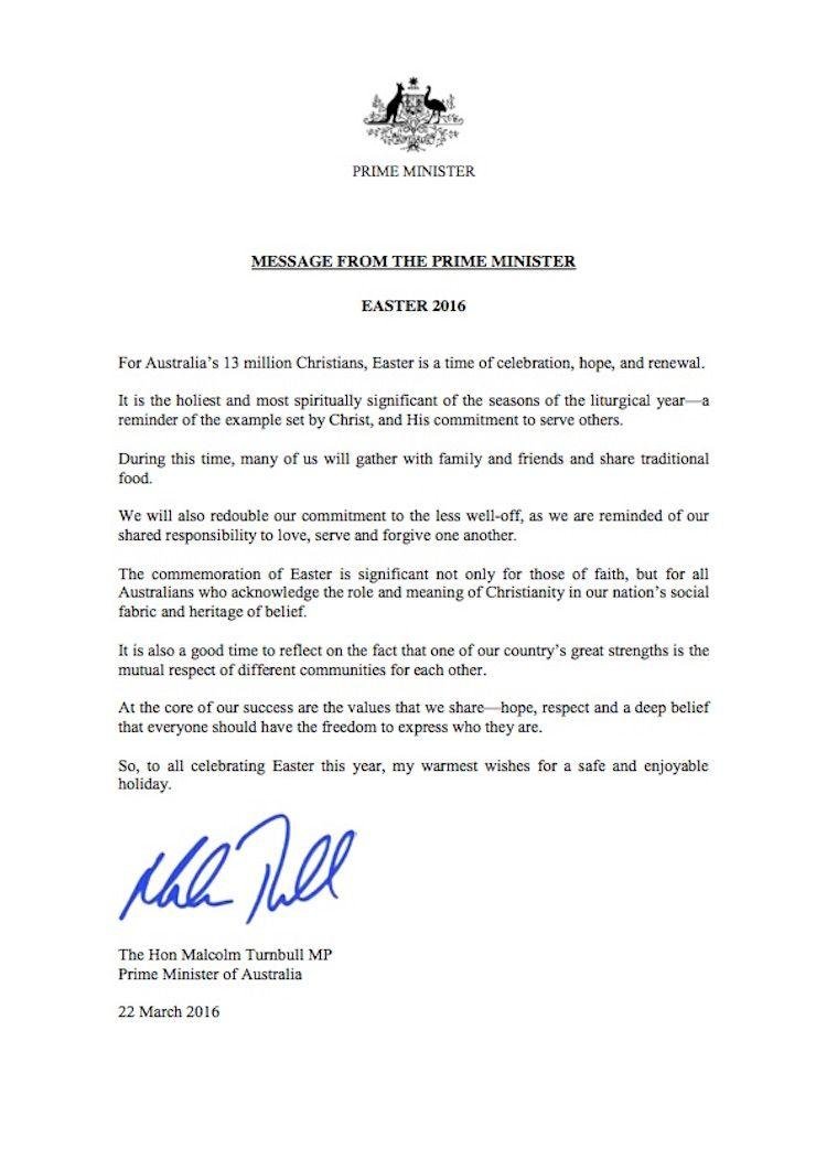 Message from the Prime Minister, The Hon. Malcolm Turnbull for Easter 2016