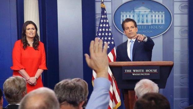 White House press secretary Sarah Huckabee Sanders listens to incoming White House communications director Anthony Scaramucci, answers media questions.  Photo: AP