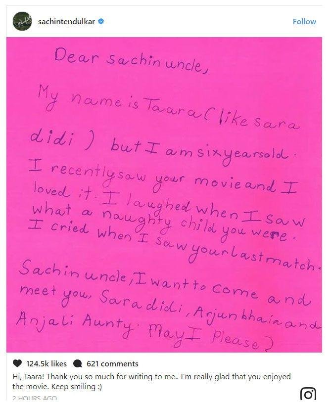 A six-year-old kid loves Sachin: A Billion Dreams, writes sweet note to Sachin Tendulkar